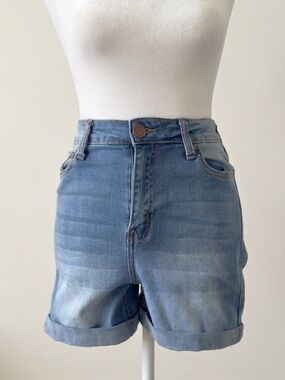 Supersoft High Waist Stretch Cuffed Denim Shorts Light Wash Blue Jean Shorts